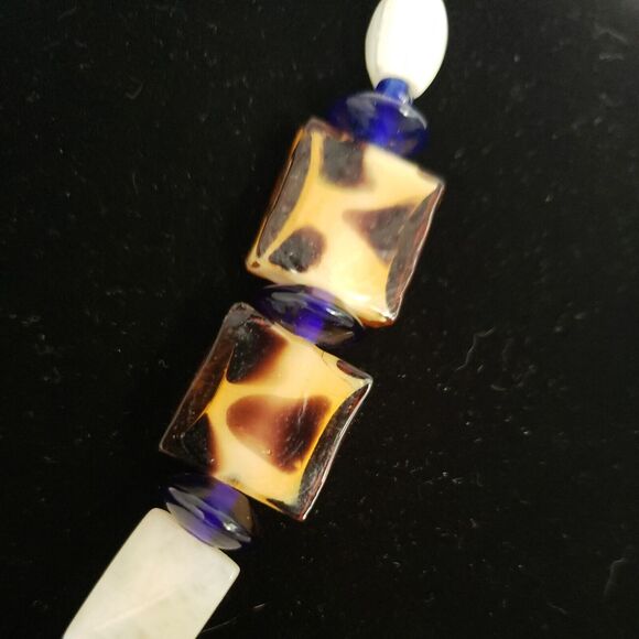 Glass Bead Necklace And Pendant, Blue, White, and Brown, Millefiori, Quartz - Picture 4 of 12